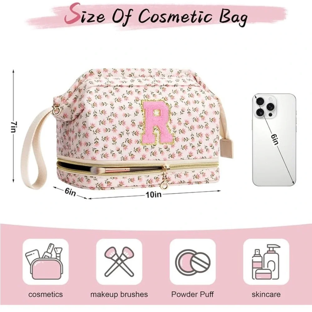Letter K Floral Pink Monogrammed Cosmetic Bag